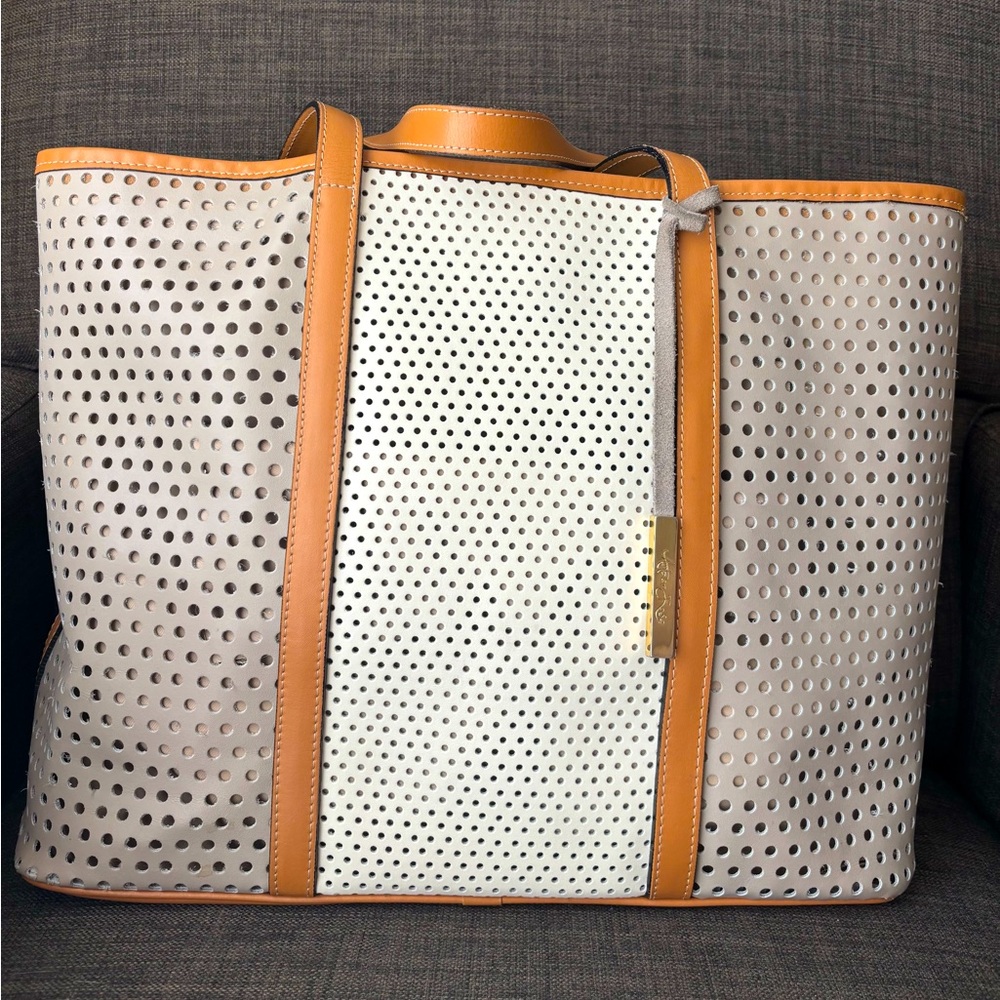 Amber Rose Perforated White and Leather Tan Tote Bag